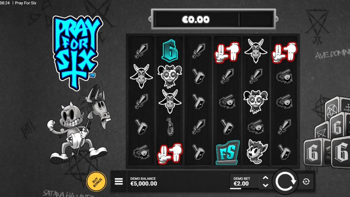 Interface do slot Pray for Six com tema gótico e monocromático