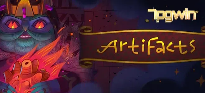 Captura de tela do jogo Artifacts da Peter & Sons em um dispositivo móvel, mostrando o layout 5x3 e símbolos de tesouro.